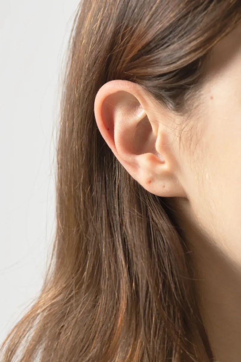 Pelle: dettaglio dell’orecchio tra i capelli castani