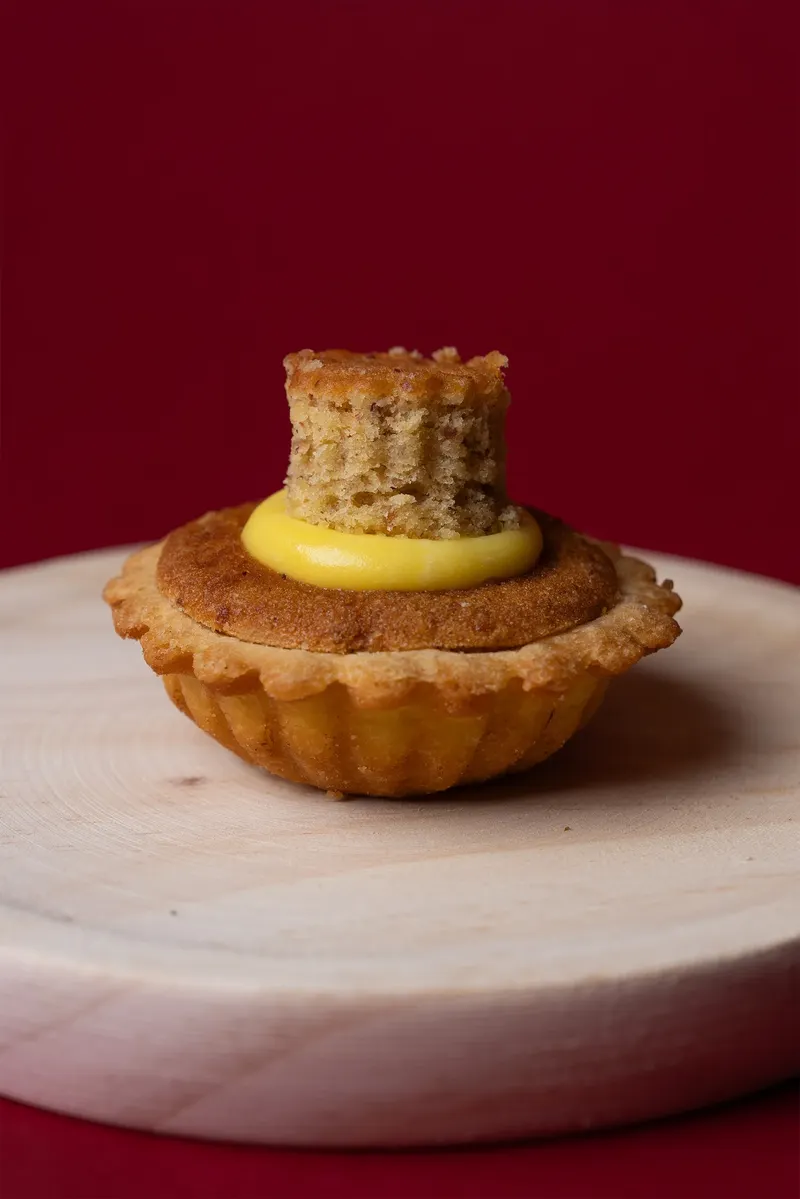 Tortina con crema gialla su tagliere di legno, fondale rosso